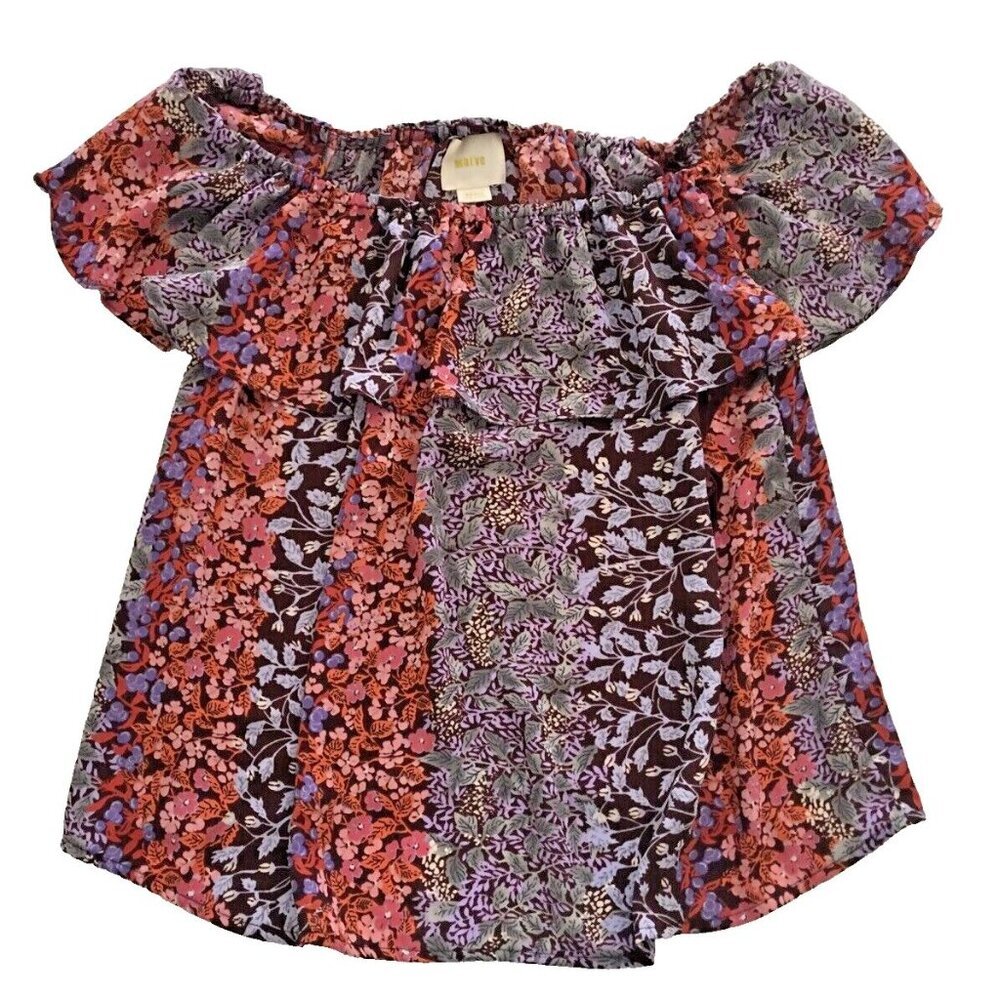 Anthropologie Mauve Chiffon Off The Shoulder Floral Blouse Top Women’s XS - Picture 8 of 8